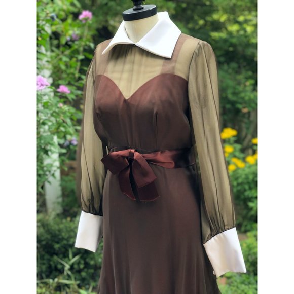 Vtg 60s/70s Wednesday Addams Goth Prairie Tiered Ruffle Contrast Trim Maxi Dress - Picture 9 of 17